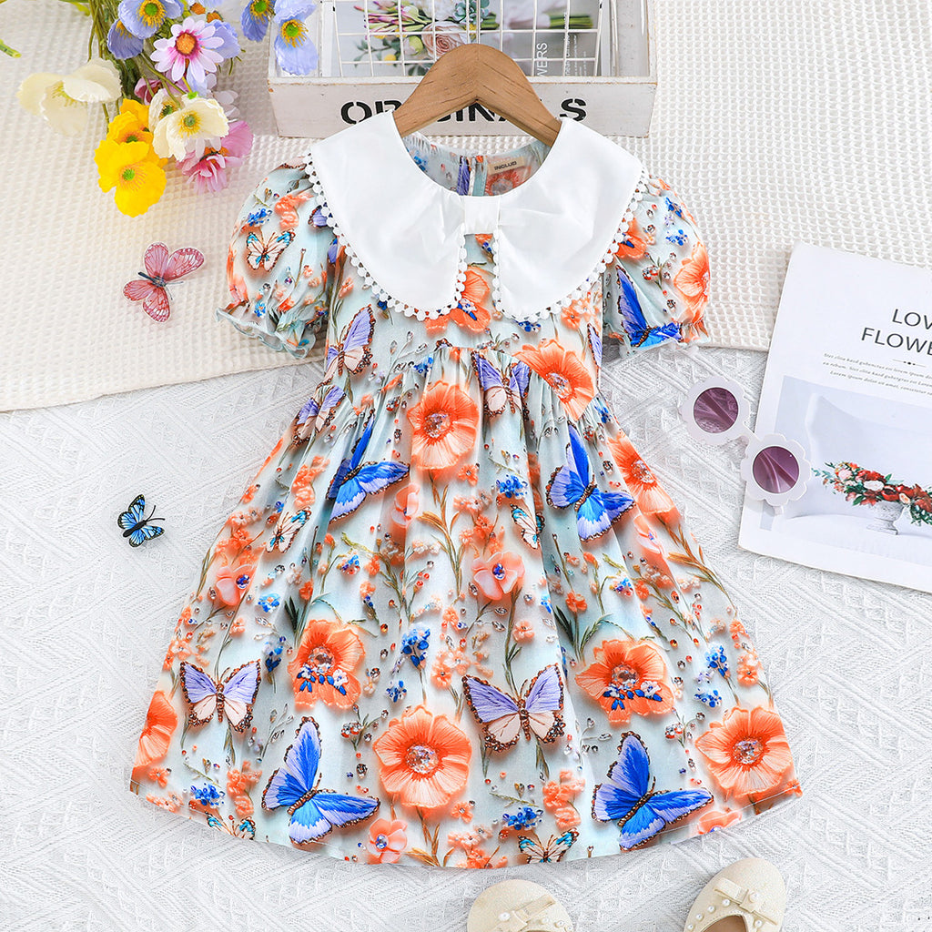 Girls Blue Floral Printed Fit & Flared Summer Casual Dress Casual Dresses Blue 2-3 Y