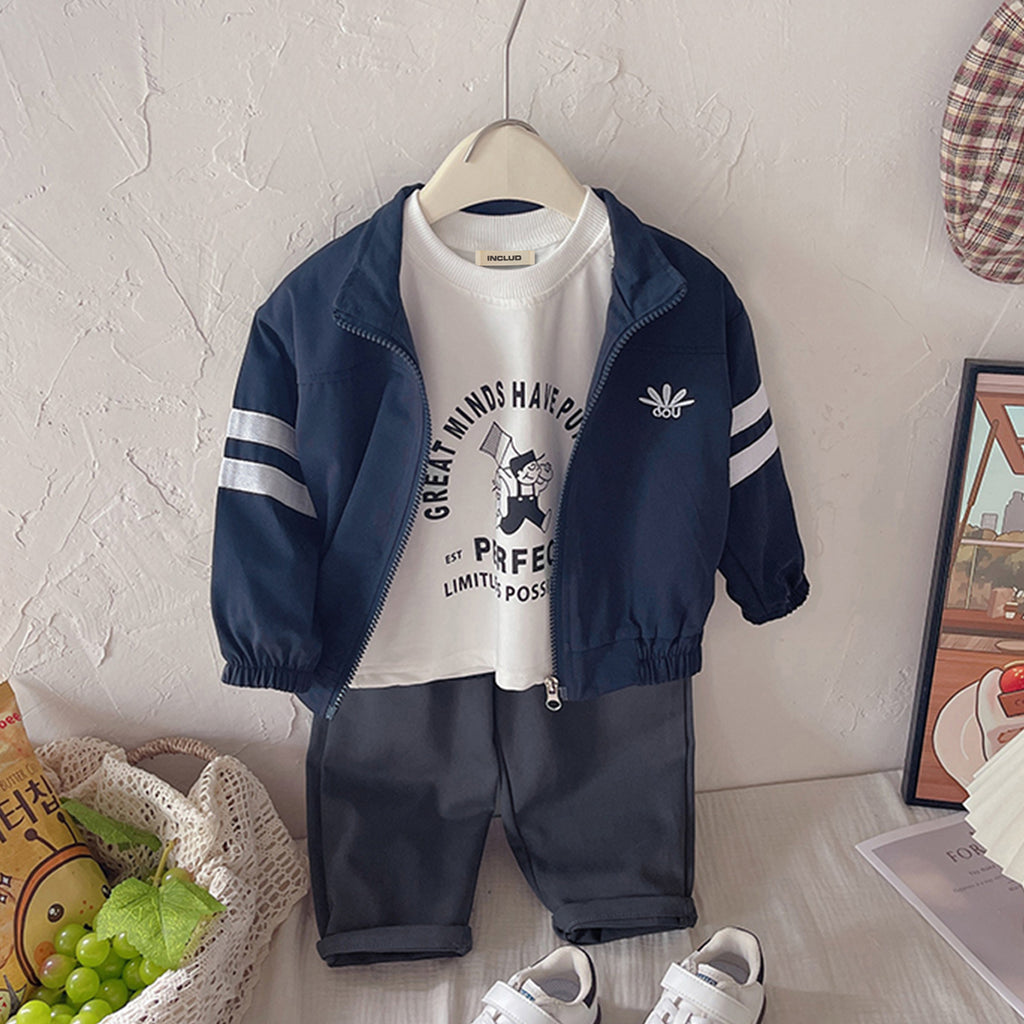 Boys Blue Zipper Jacket With Printed T-Shirt & Pants Set Sets Blue 1-2 Y