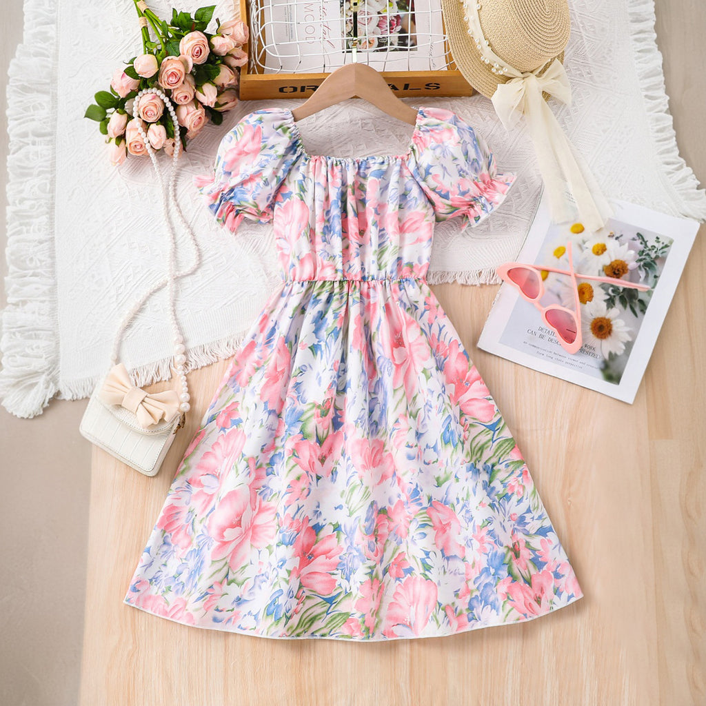 Girls White Floral Printed Puff Sleeves Fit And Flared Casual Dress Casual Dresses White 3-4 Y