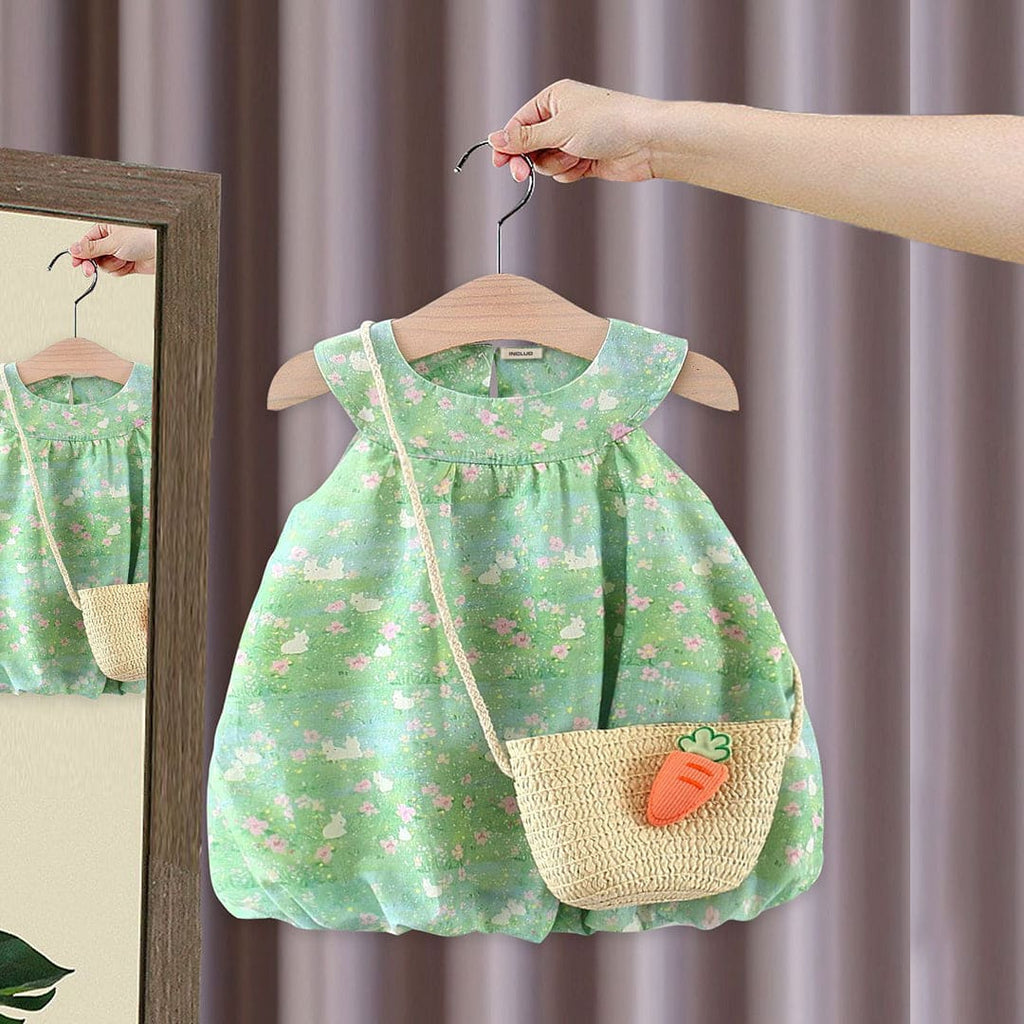 Girls Floral Print Sleeveless Casual Dress With Sling Bag Casual Dresses Green 1-2 Y 