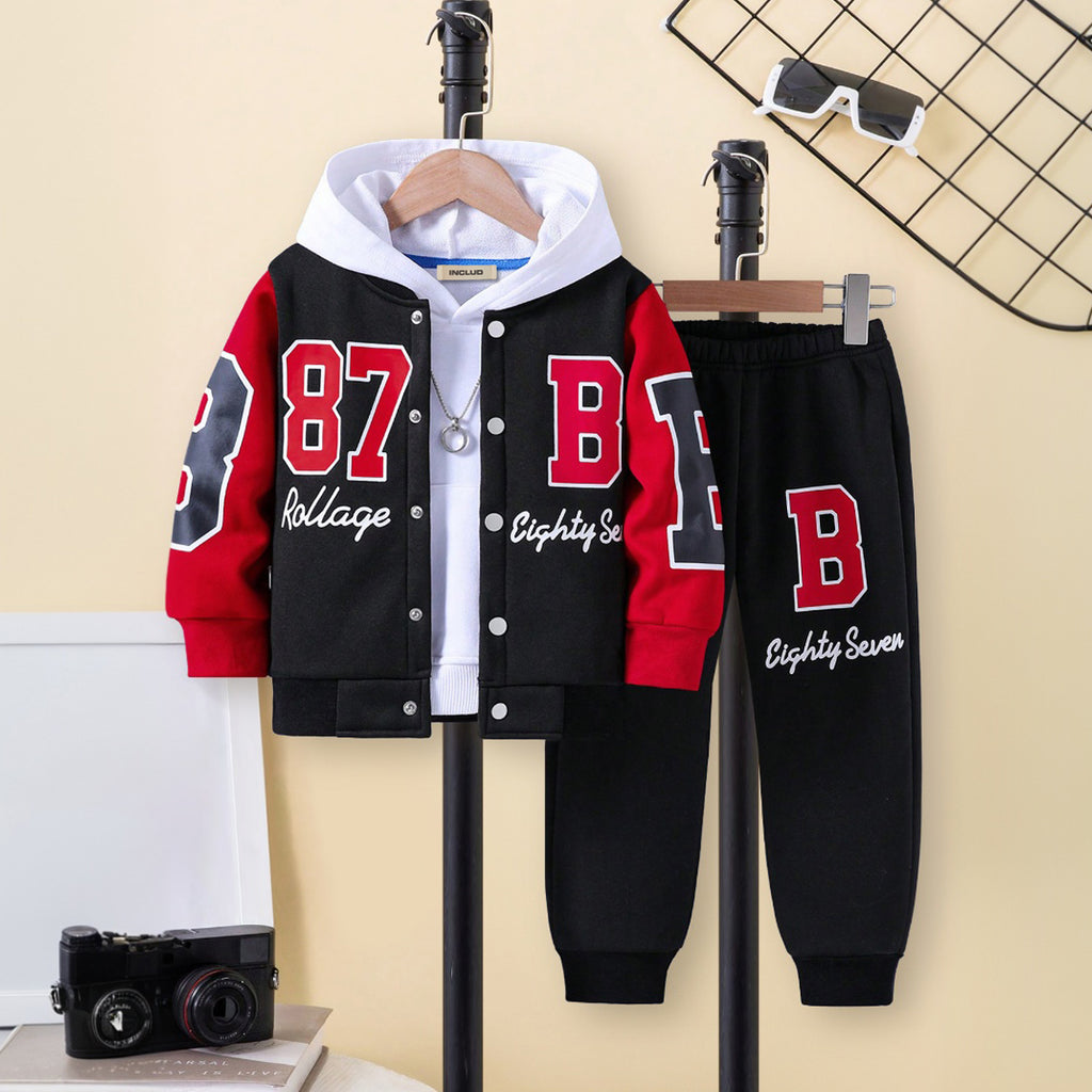 Boys Black-Red Varsity Jacket with Joggers Set Sets Black 3-4 Y