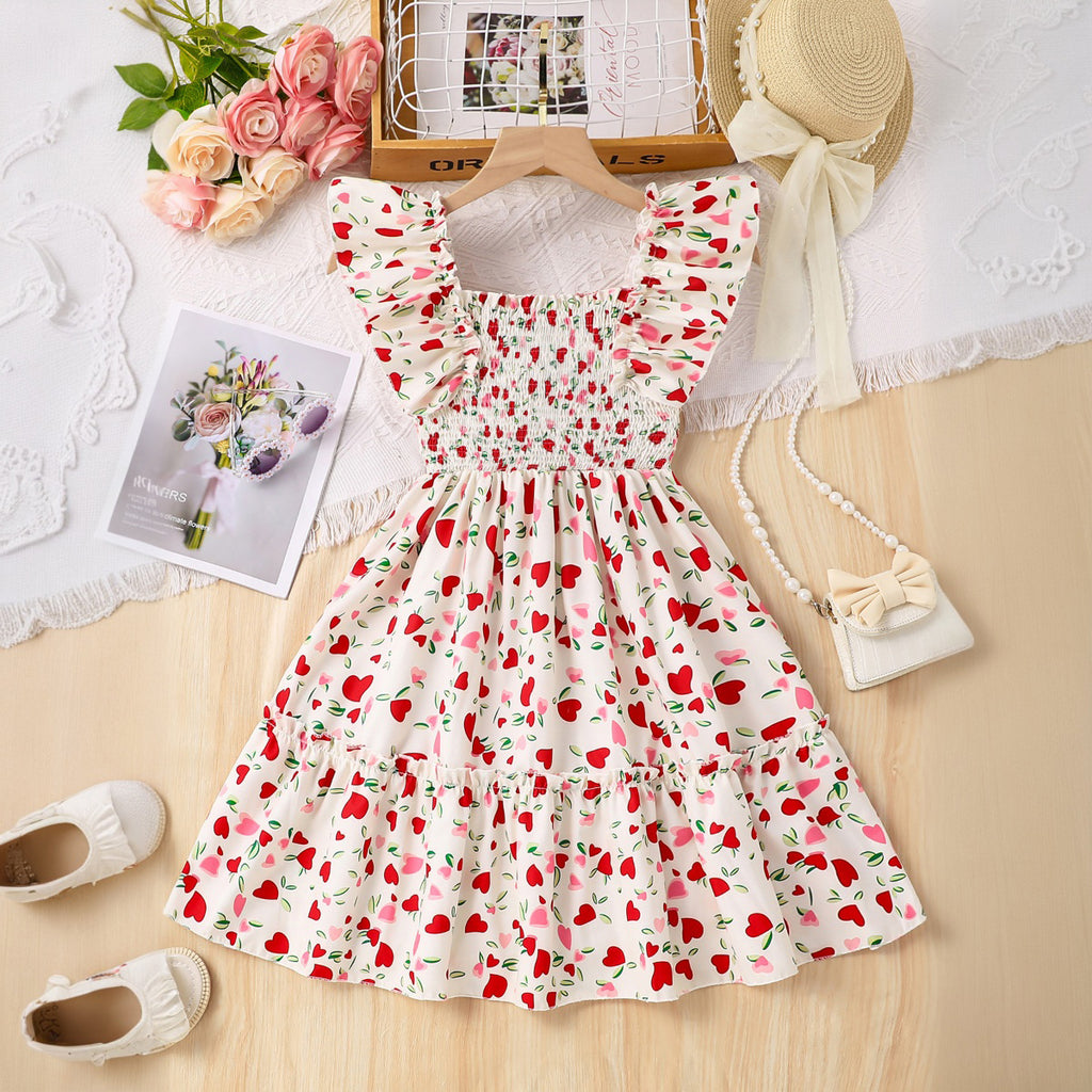 Girls Off White Heart Printed Square Neck Fit & Flare Smocked Dress Casual Dresses