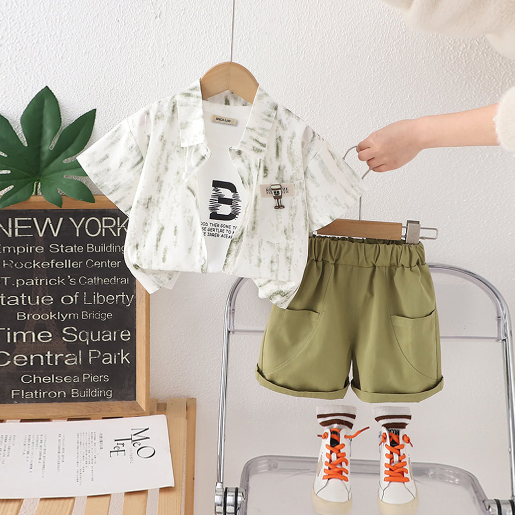 Boys Green Abstract Printed Shirt With Sleeveless Tee And Shorts Set 3 pc. Sets Green 1-2 Y