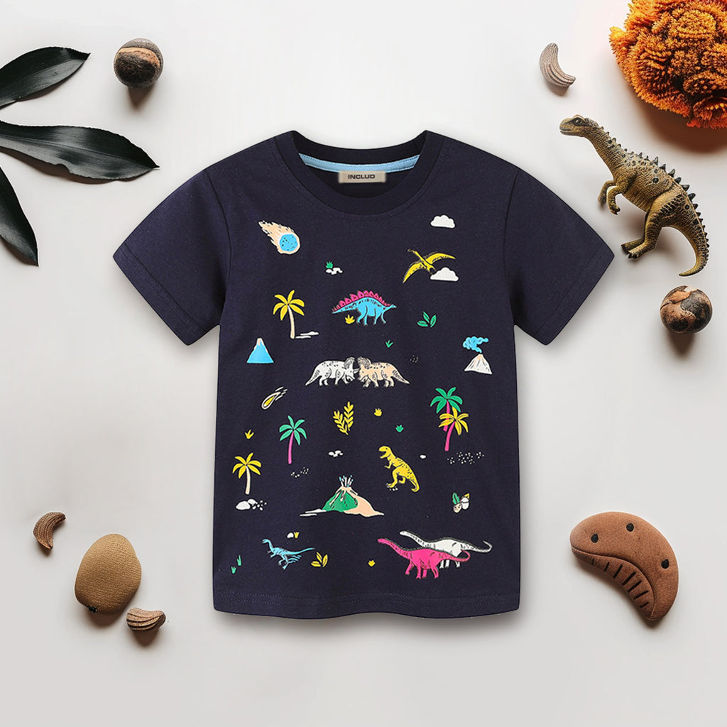 Girls Dinosaur Printed Short Sleeves T-shirt Tshirts Black 1-2 Y 