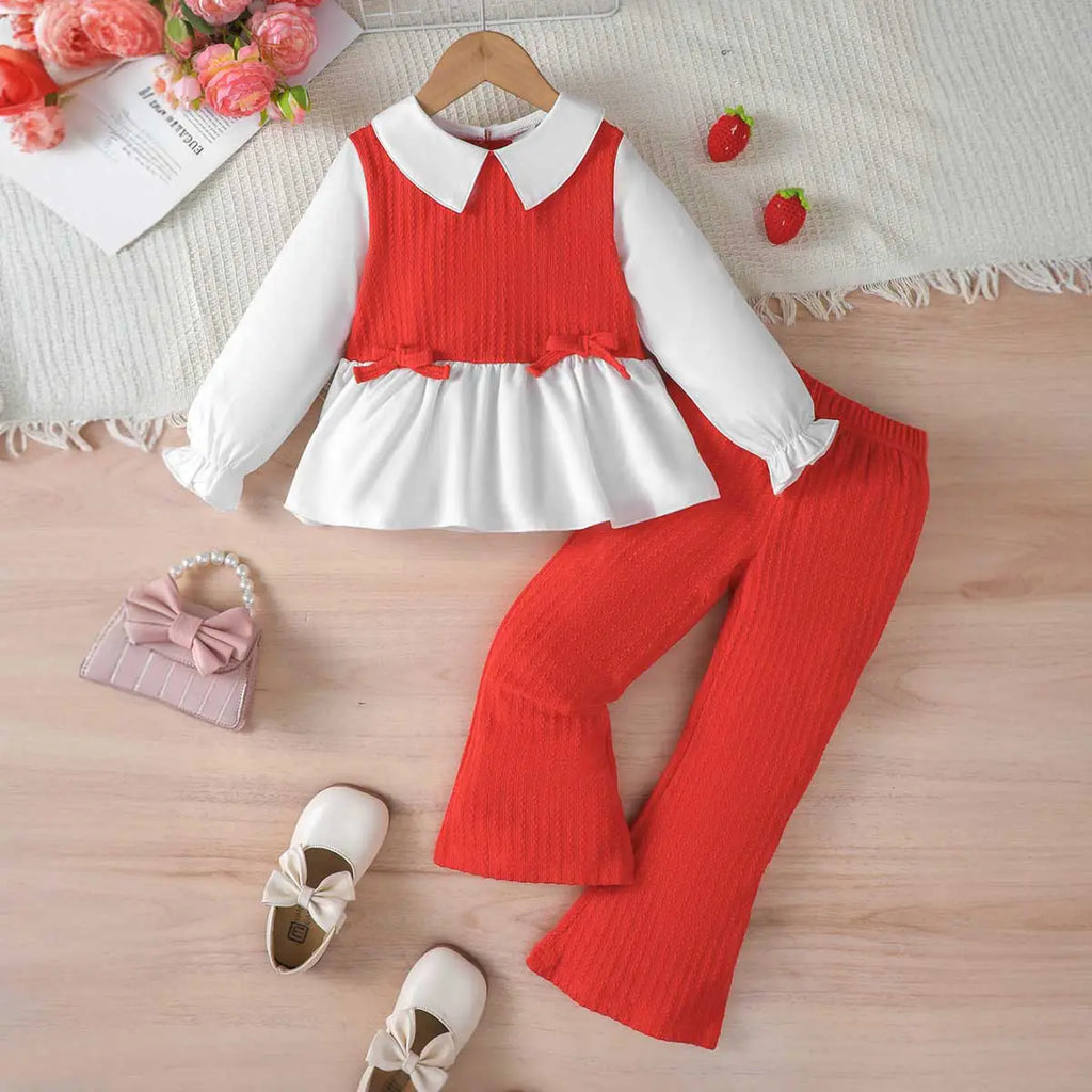 Girls Orange Long Sleeves Peplum Top With Flared Pants Sets 2 pc. Sets Orange 3-4 Y