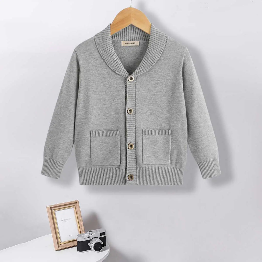 Girls Grey Solid Cardigan With Patch Pockets Sweaters & Cardigans Grey 3-4 Y