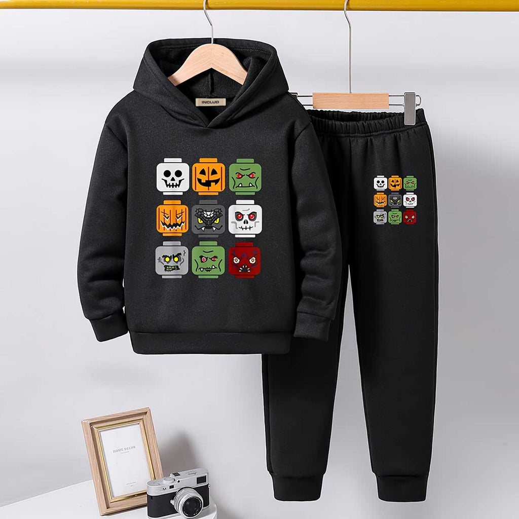Boys Black Graphics Halloween-Themed Printed Hooded Sweatshirt With Jogger Sets 2 pc. Sets Black 5-6 Y