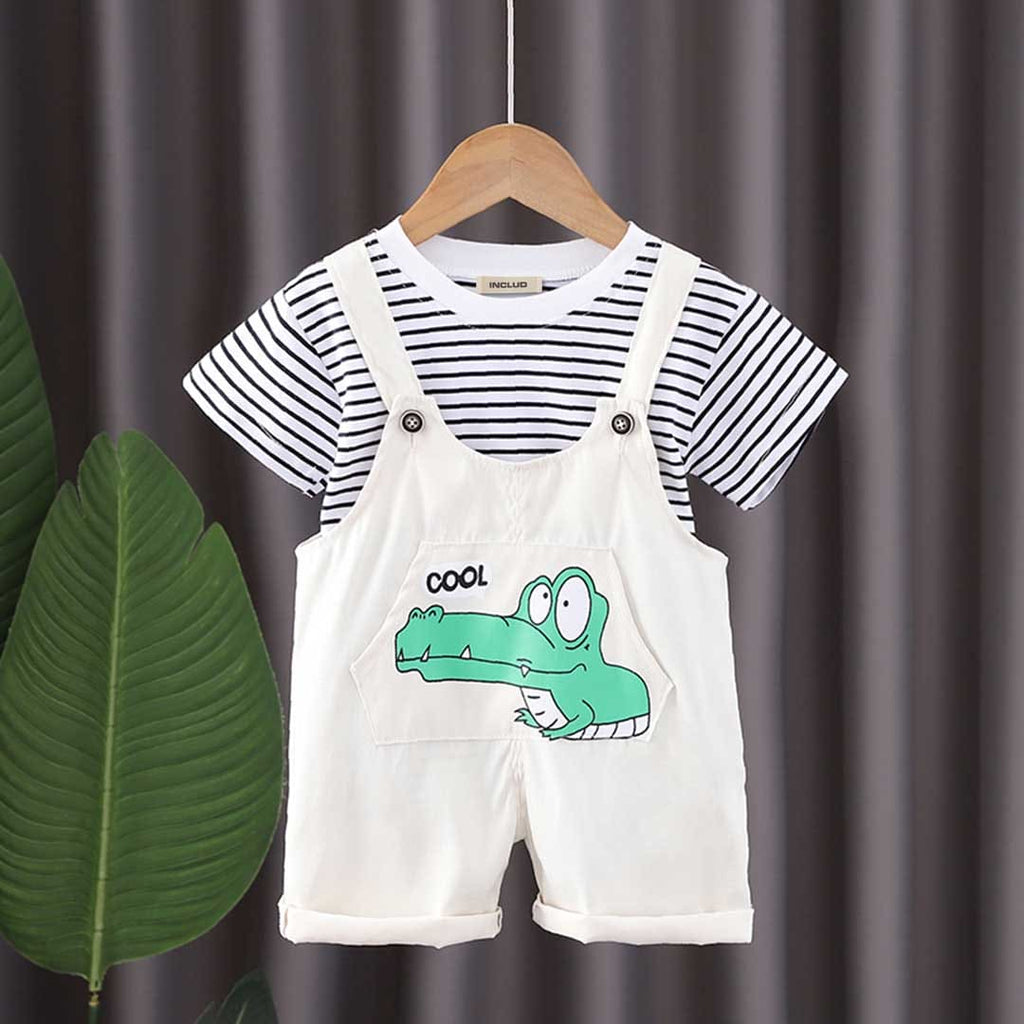 Girls Striped T-shirt with Alligator Print Dungaree Set Sets White 1-2 Y 