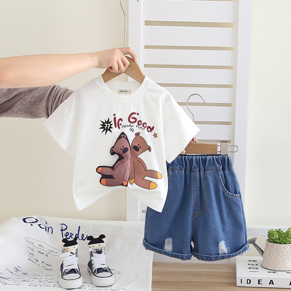 Boys White Teddy Applique Short Sleeves T-Shirt With Denim Shorts Set 2 pc. Sets White 1-2 Y