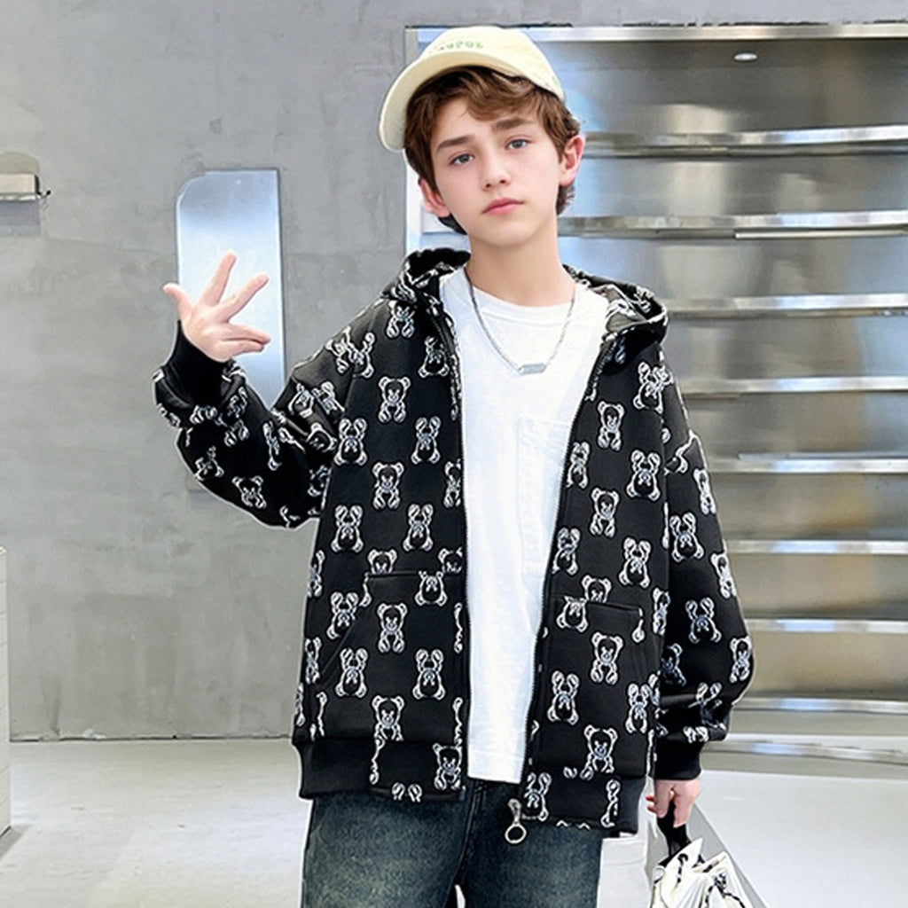 Boys Black Teddy Printed Hooded Front Zipper Winter Jacket Sweatshirts & Hoodies Black 5-6 Y