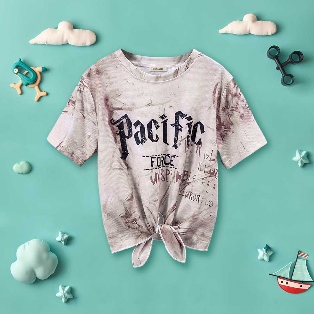 Girls Tie Knot Printed Short Sleeves T-Shirt Tshirts Grey 13-14 Y 
