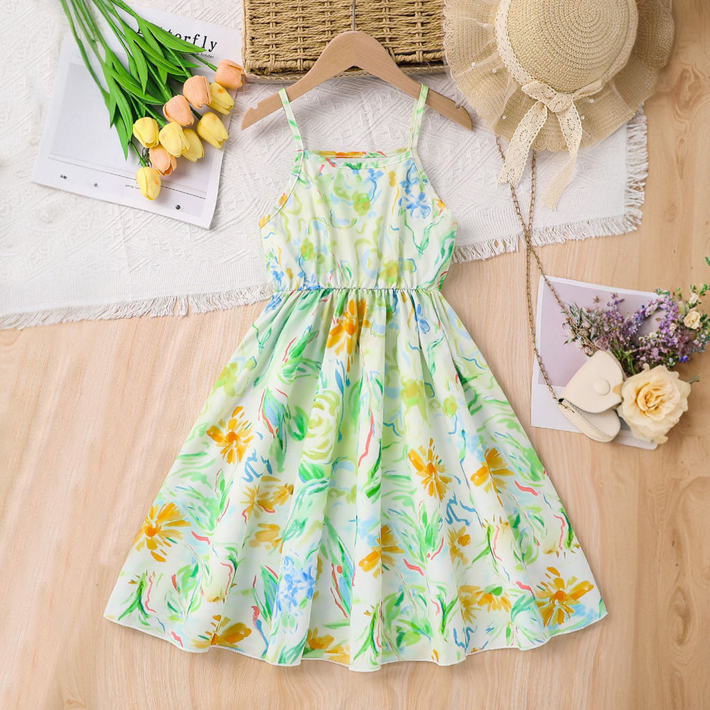 Girls Light Green Floral Printed Midi Sundress Casual Dresses
