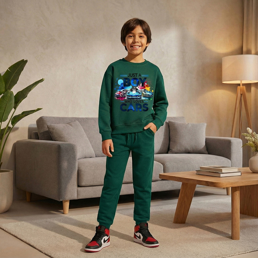 Boys Green Car Graphics Fleece Sweatshirt With Joggers Sets 2 pc. Sets Green 1-2 Y