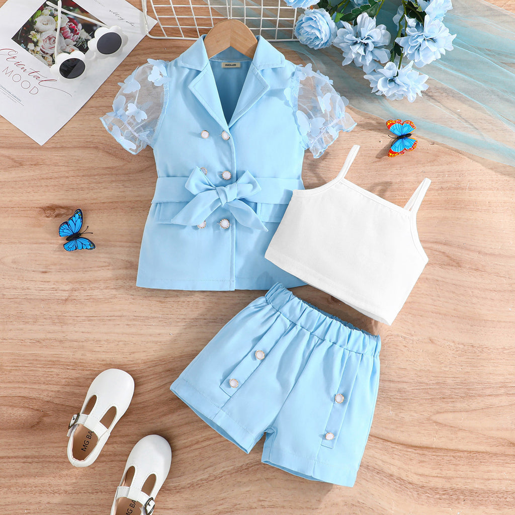 Girls Light Blue Solid Summer Blazer With Shorts and Cami Top Set 3 pc. Sets Light Blue 2-3 Y