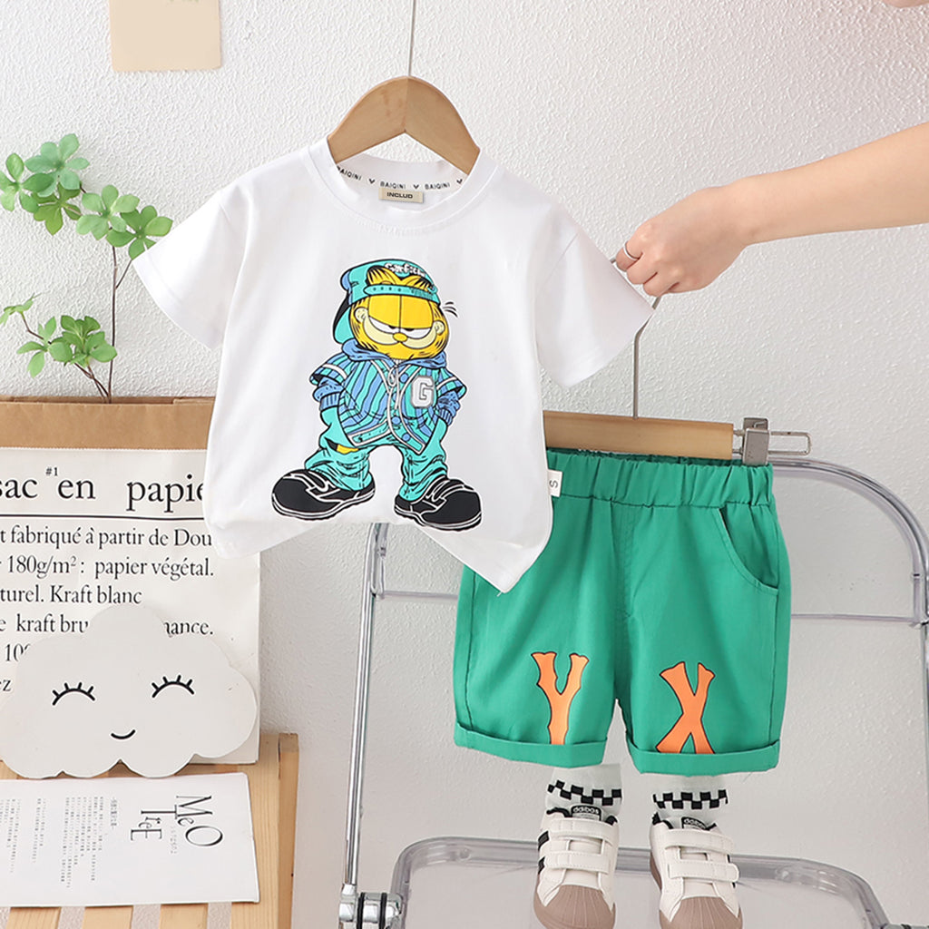 Boys Cartoon Graphic Short Sleeves T-Shirt With Green Shorts Set 2 pc. Sets Green 1-2 Y