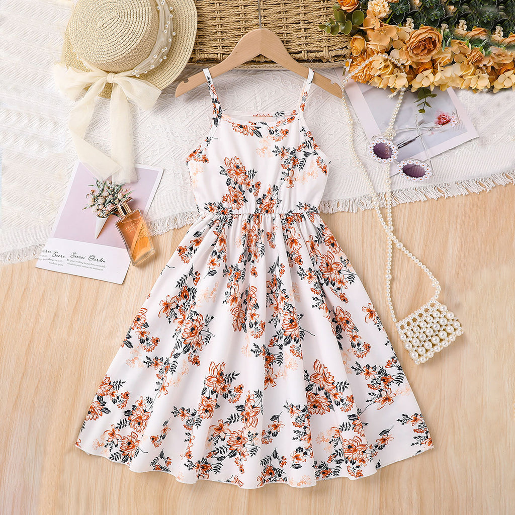 Girls White Floral Printed Summer Midi Sundress Casual Dresses White 3-4 Y