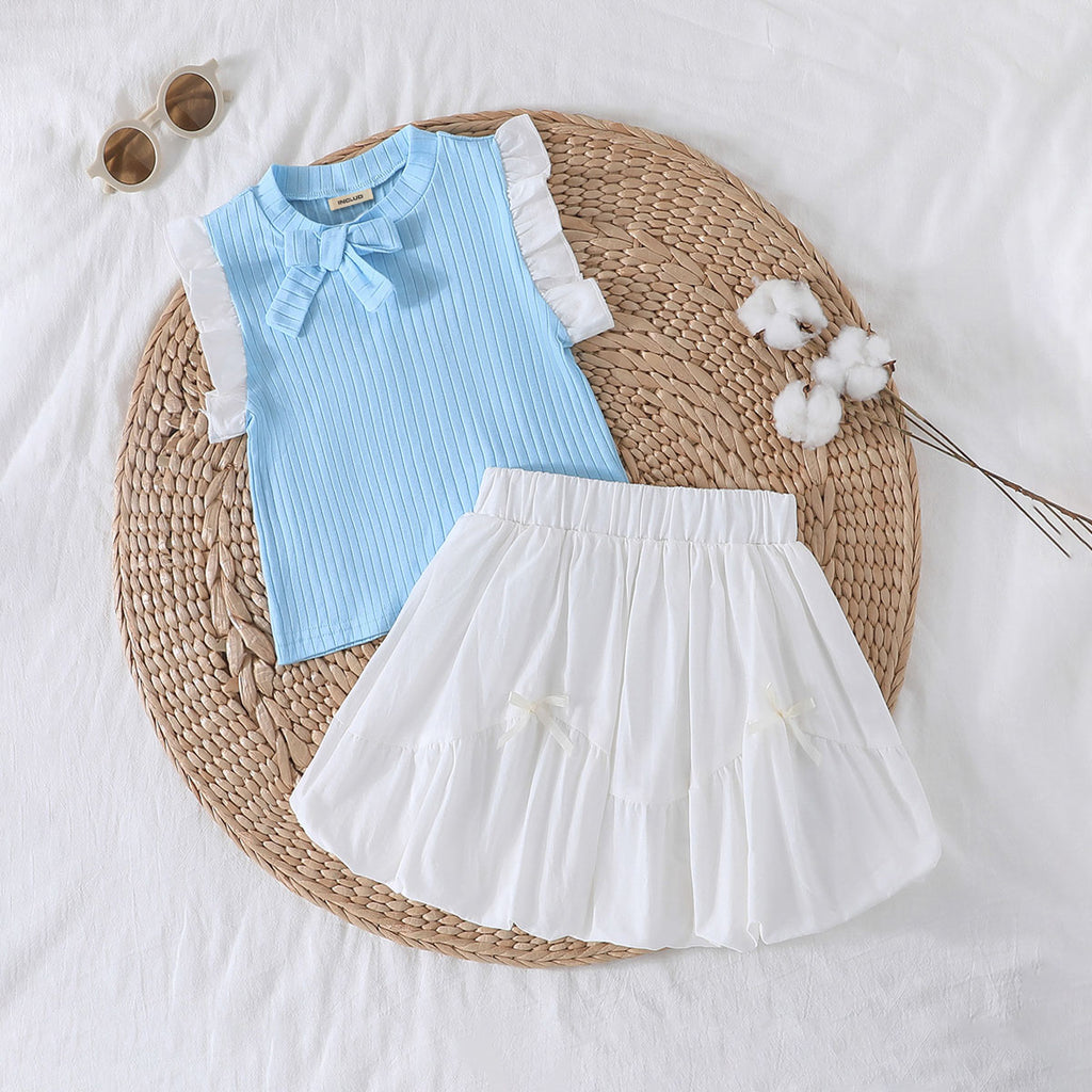 Girls Light Blue Flutter Sleeves Top With Balloon Skirt Set 2 pc. Sets Light Blue 3-4 Y