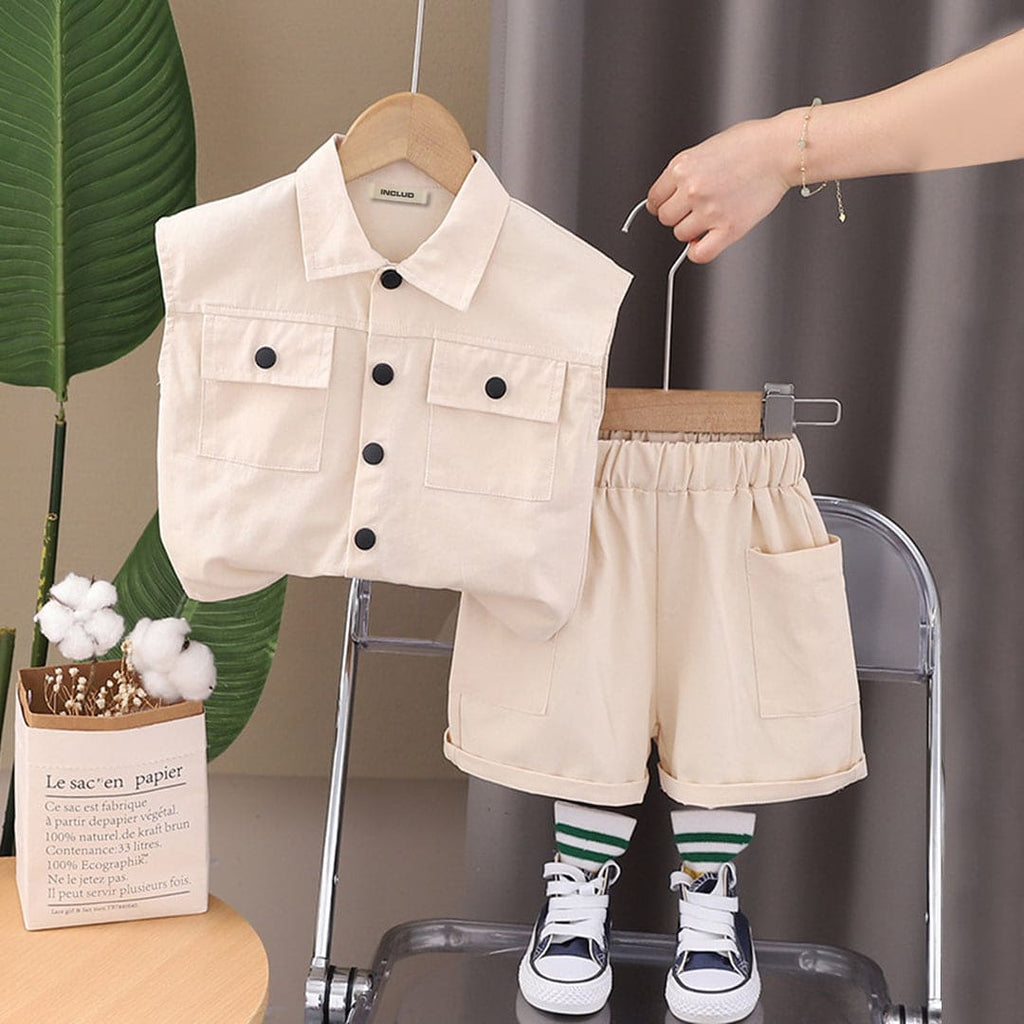 Boys Double Pocket Shirt With Elasticated Shorts 2 pc. Sets Off White 1-2 Y