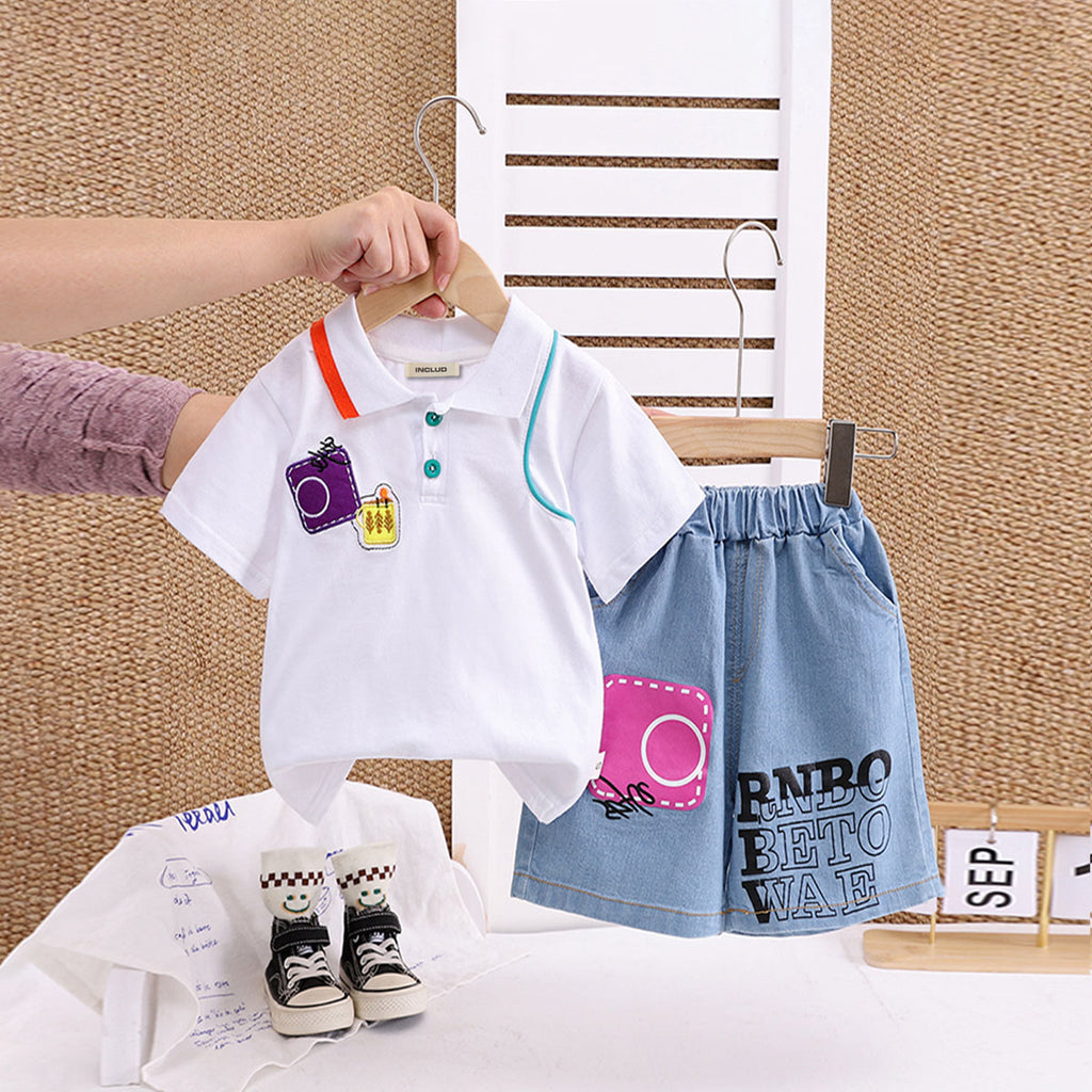 Boys White Applique Polo T-Shirt With Denim Shorts Set 2 pc. Sets White 1-2 Y