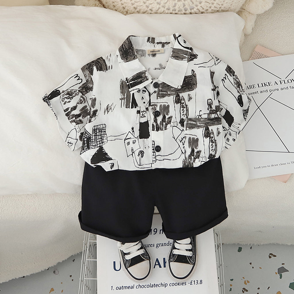 Boys Abstract Printed Short Sleeves Shirt With Black Shorts Set 2 pc. Sets Black 1-2 Y