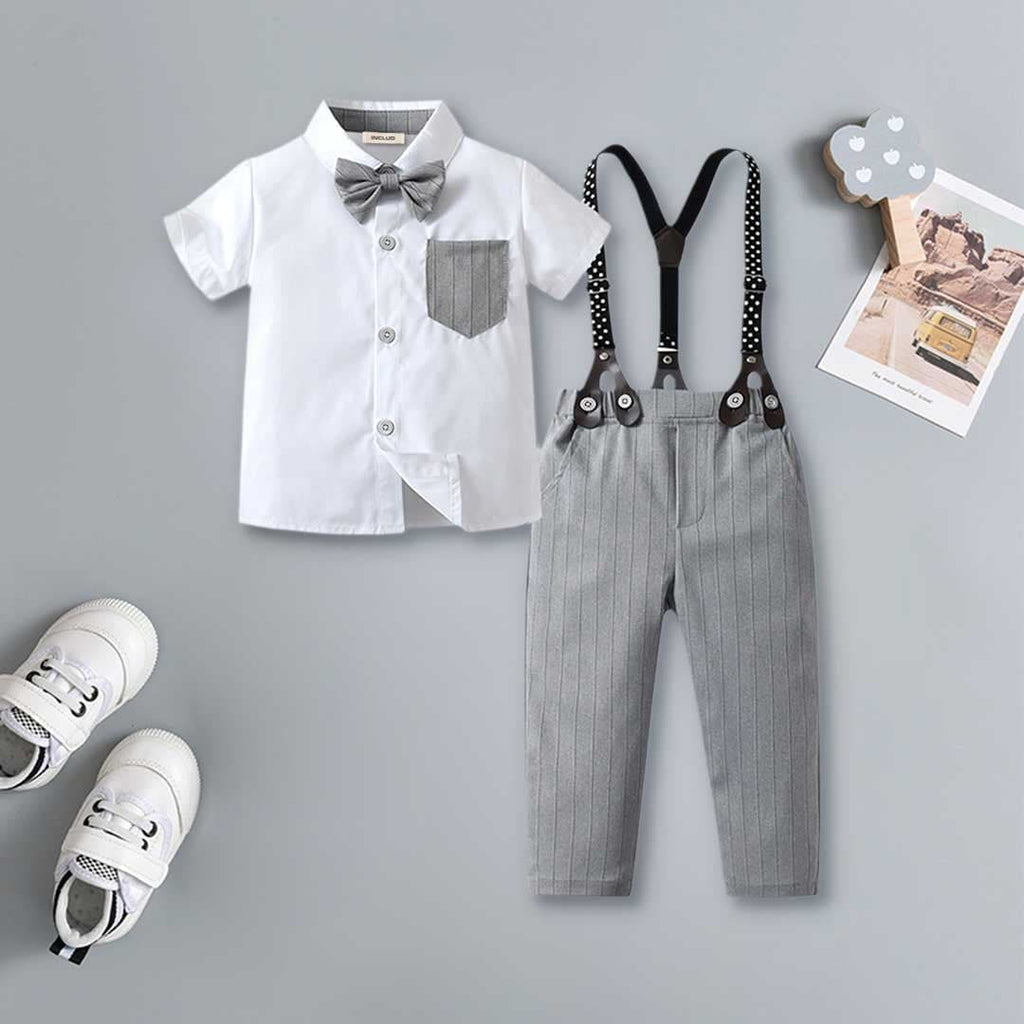 Boys Short Sleeve Shirt With Suspender Pants Set Sets Grey 1-2 Y 