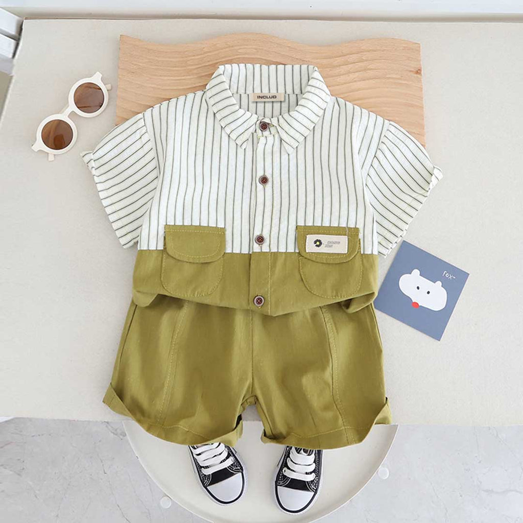 Boys Double Pocket Striped Shirt With Shorts Set 2 pc. Sets Olive 1-2 Y 