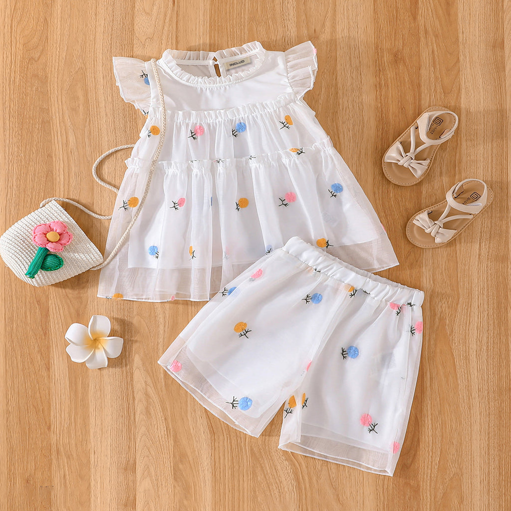 Girls White Short Sleeve Floral Embroidered Top With Shorts Sets 2 pc. Sets White 3-4 Y