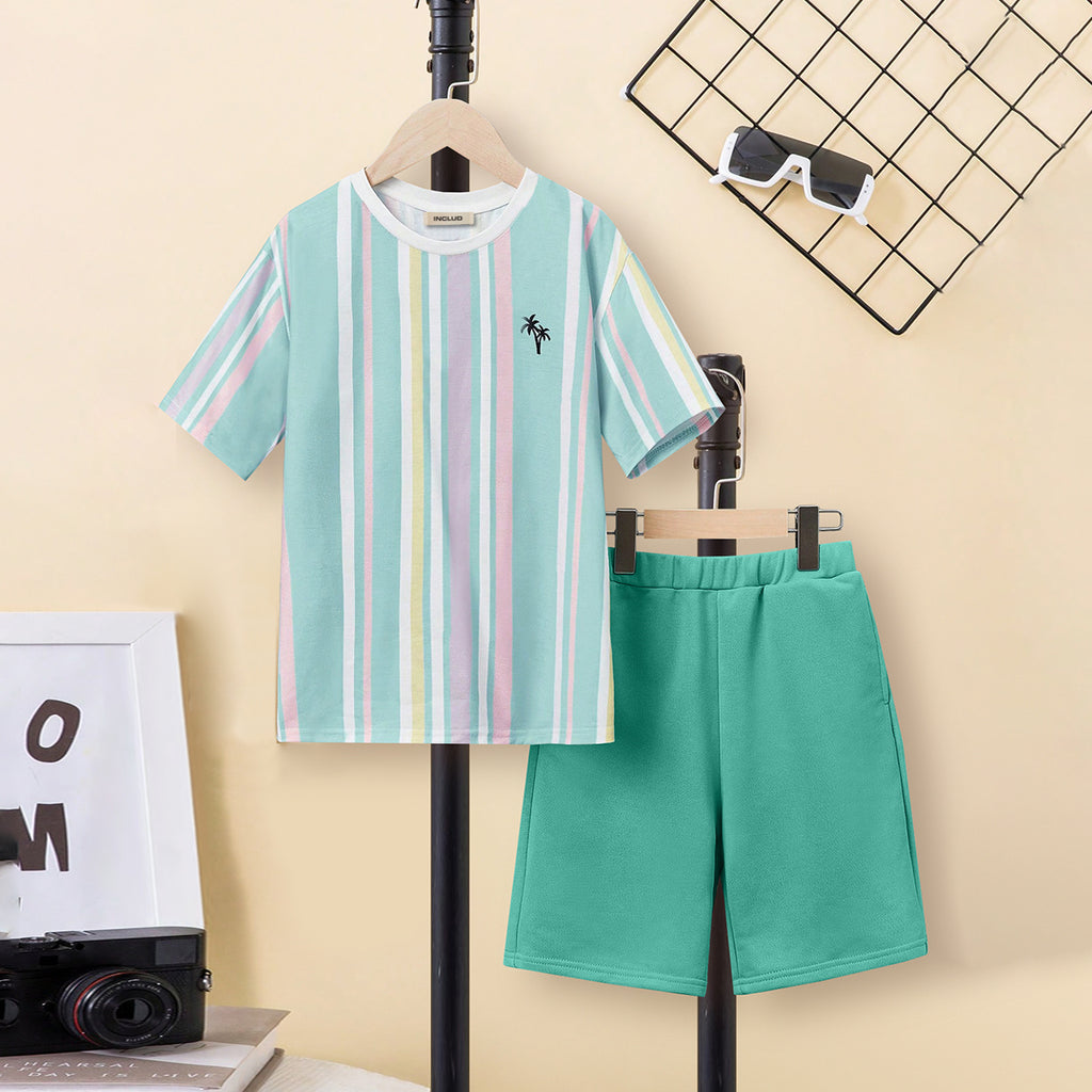 Boys Multicolor Vertical Striped T-Shirt With Green Shorts Set 2 pc. Sets Green 7-8 Y