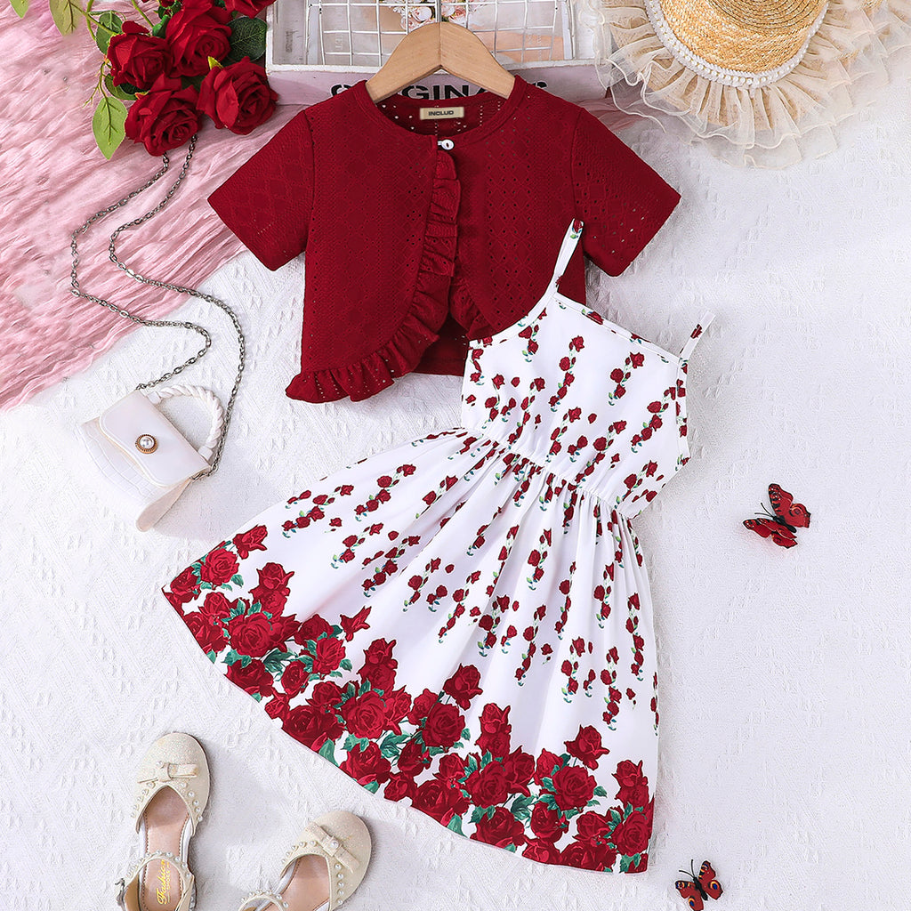 Girls Maroon Short Sleeve Top With Floral Printed Fit & Flare Dress Casual Dresses Maroon 2-3 Y