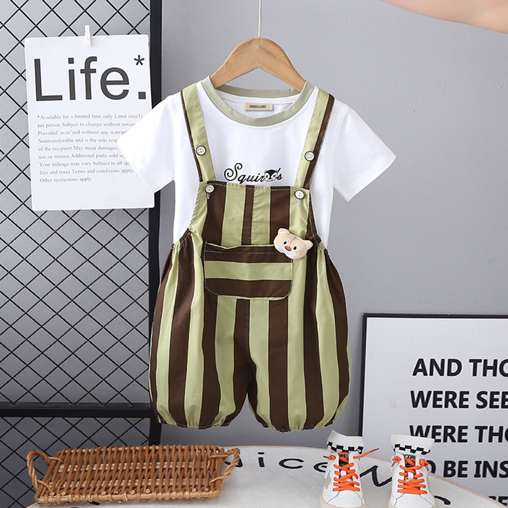 Boys Short Sleeves T-Shirt With Green Vertical Striped Dungaree Set 2 pc. Sets Green 1-2 Y