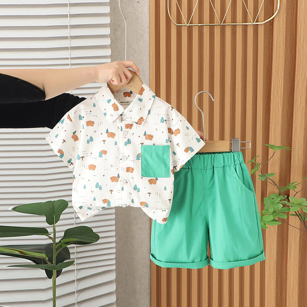 Boys Bear Printed Contrast Pocket Shirt With Green Shorts Set 2 pc. Sets Green 1-2 Y
