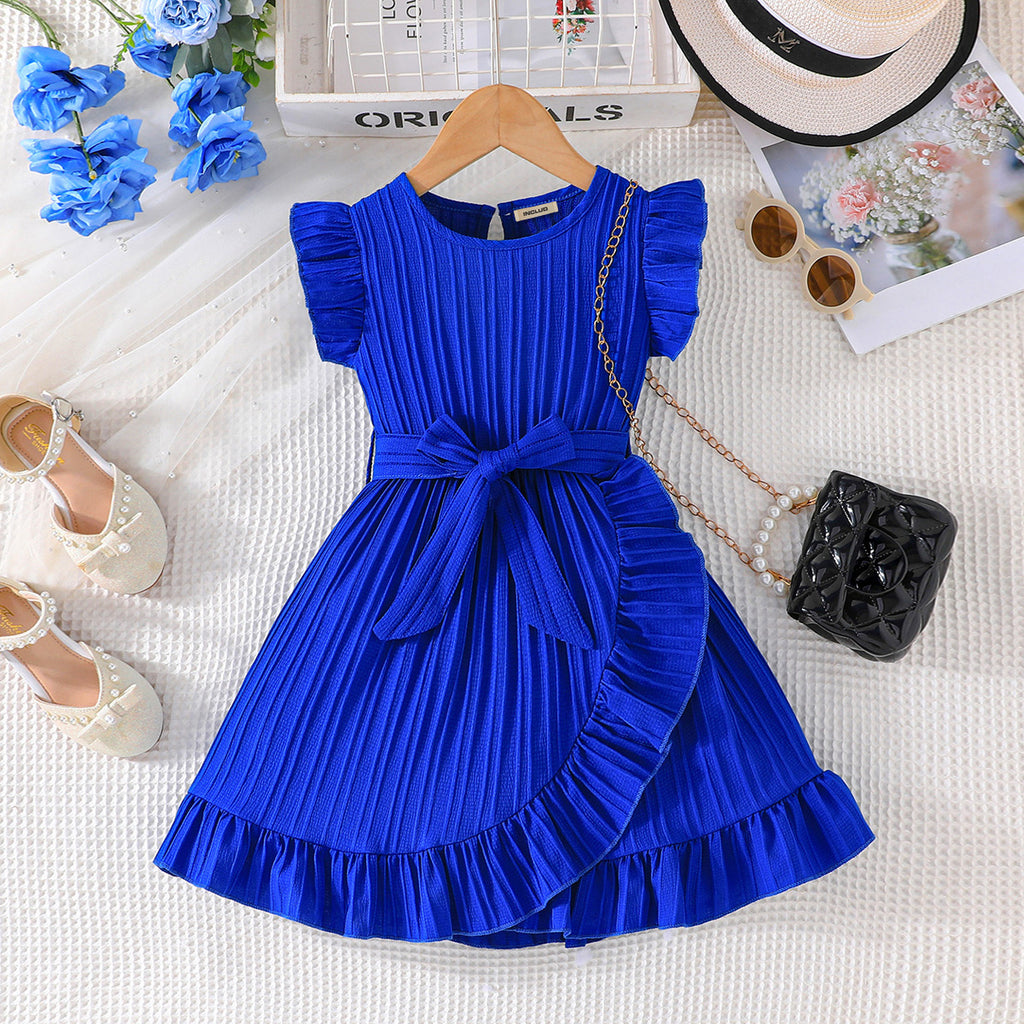 Girls Blue Flutter Sleeves Round Neck Dress Casual Dresses Blue 3-4 Y