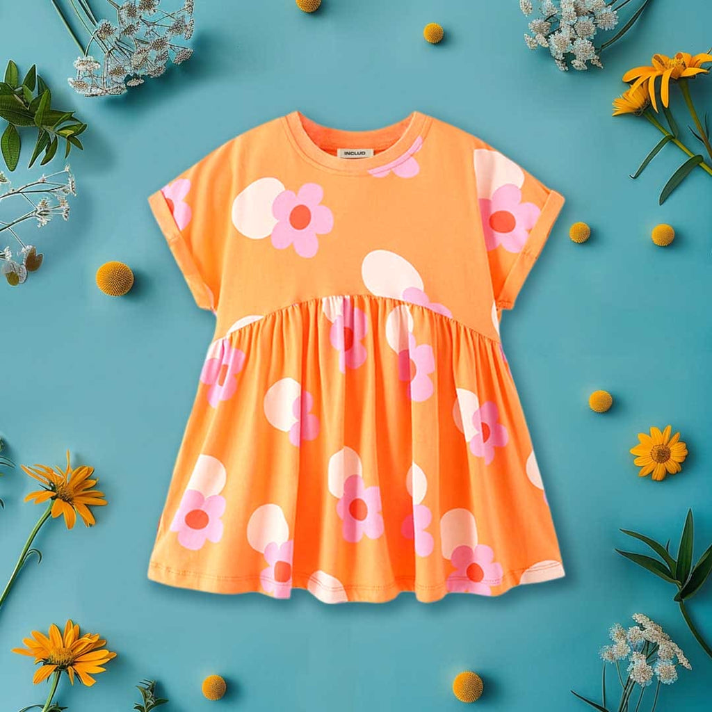 Girl Floral Print Fit & Flare Short Sleeves Casual Dress Casual Dresses Orange 1-2 Y 