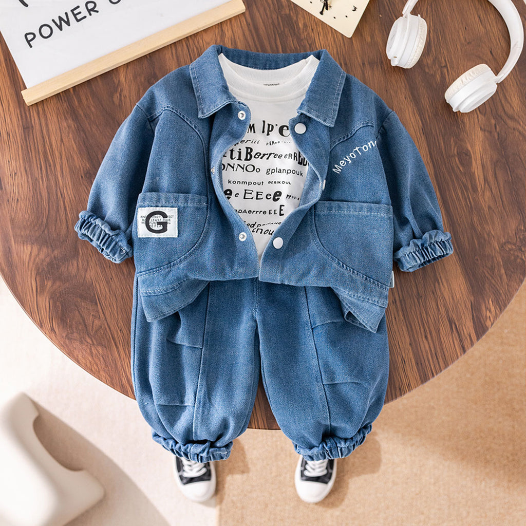 Boys Blue Solid Denim Shacket With Printed T-Shirt & Jogger Set Sets Blue 1-2 Y