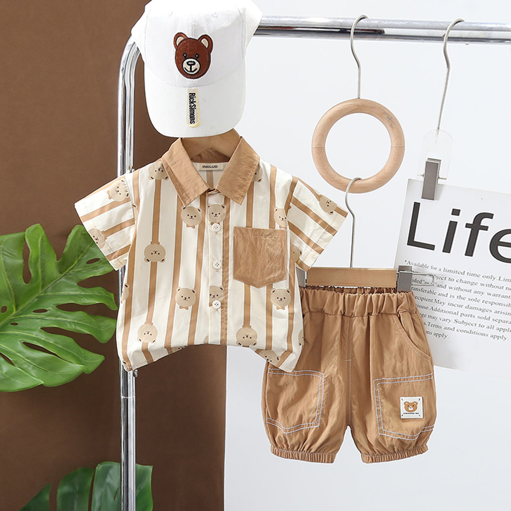 Boys khaki Striped Short Sleeves Shirt With Shorts 2 pc. Sets Khaki 1-2 Y