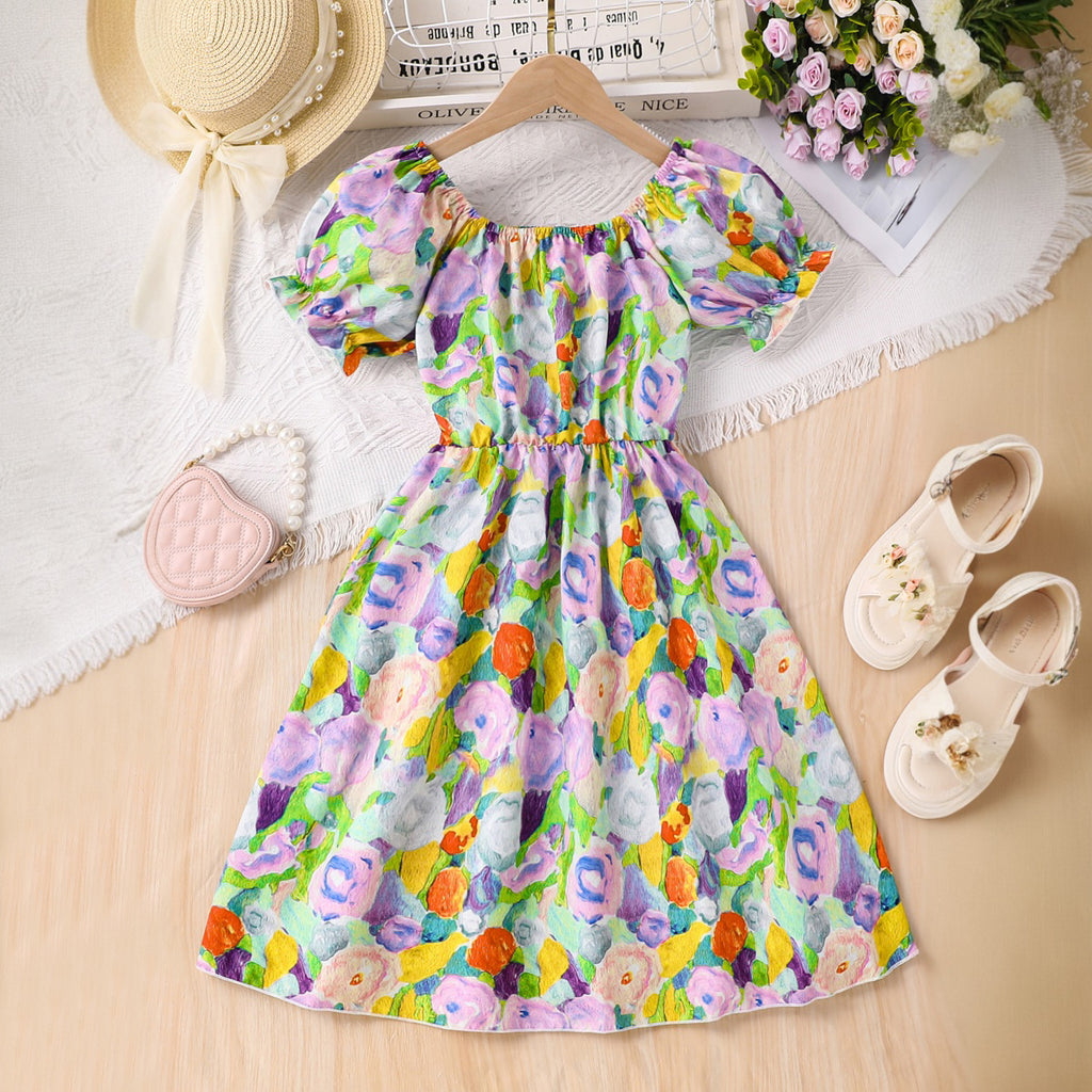 Girls Multicolor Floral Printed Puff Sleeves Scoop Neck Fit & Flare Dress Casual Dresses
