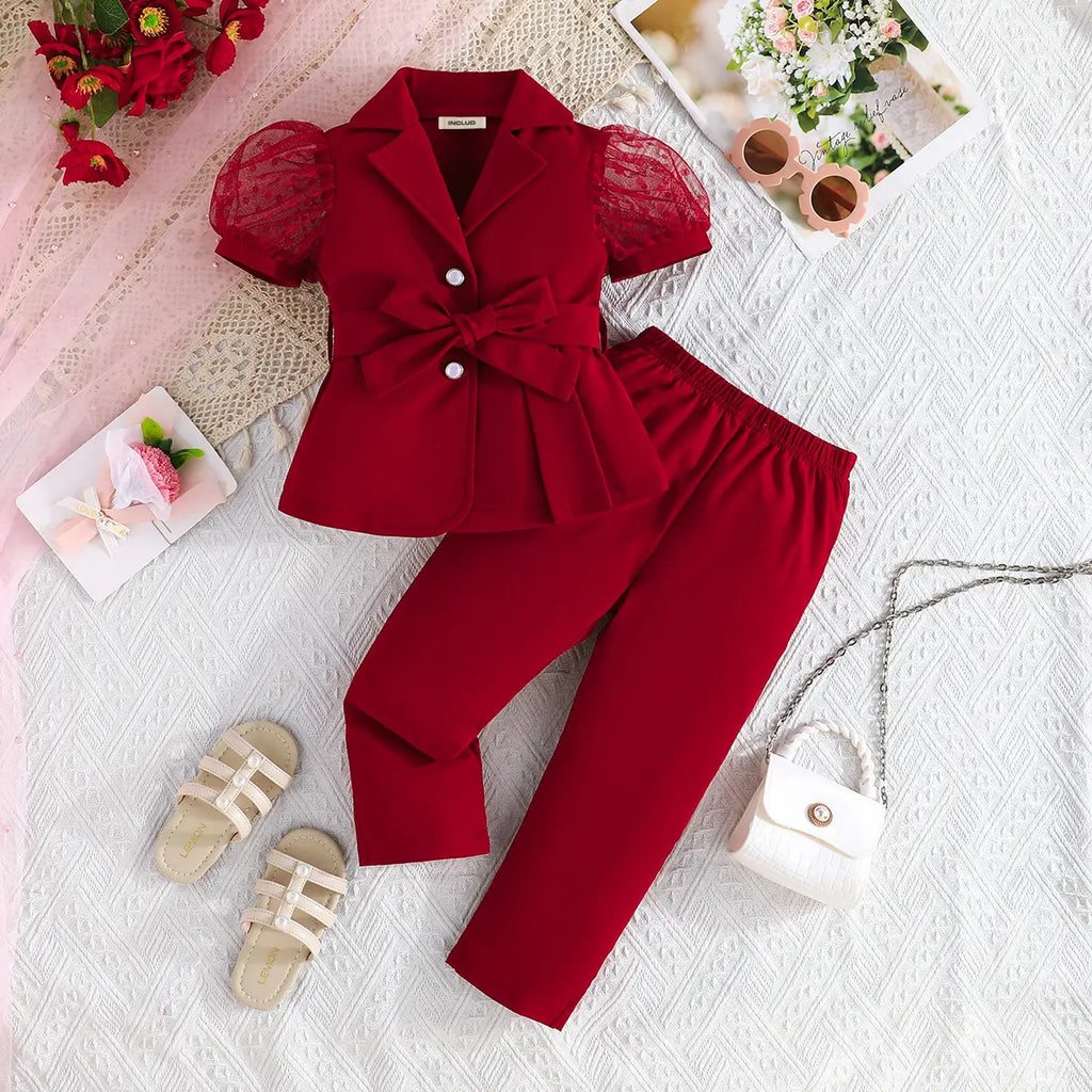 Girls Maroon Solid Blazer Top With Pants Co-ord Sets Sets Maroon 2-3 Y