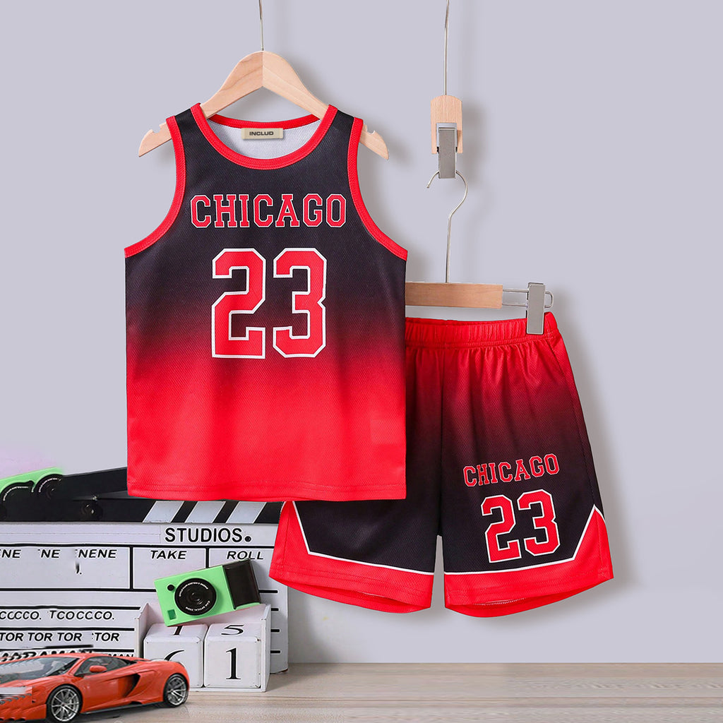 Boys Red Alphanumeric Printed Sleeveless T-Shirt With Shorts Set 2 pc. Sets Red 7-8 Y