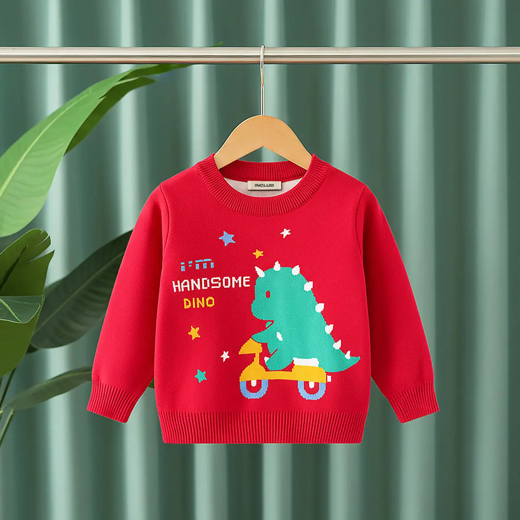 Boys Red Self-Design Dinosaur Cartoon Pattern Knitted Sweater Sweaters & Cardigans Red 1-2 Y