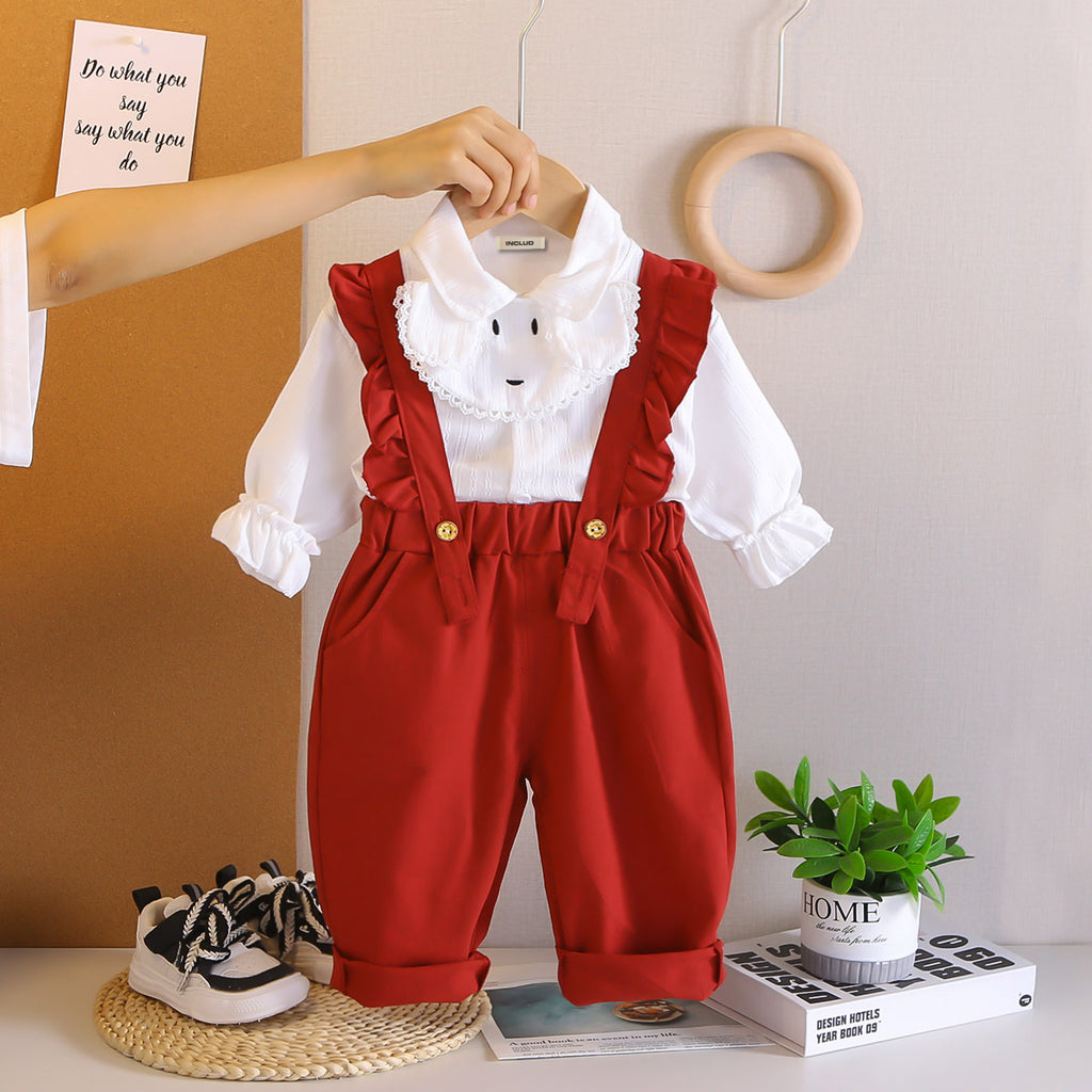 Girls Stripes Top With Red Suspenders Pants Set 2 pc. Sets Red 1-2 Y