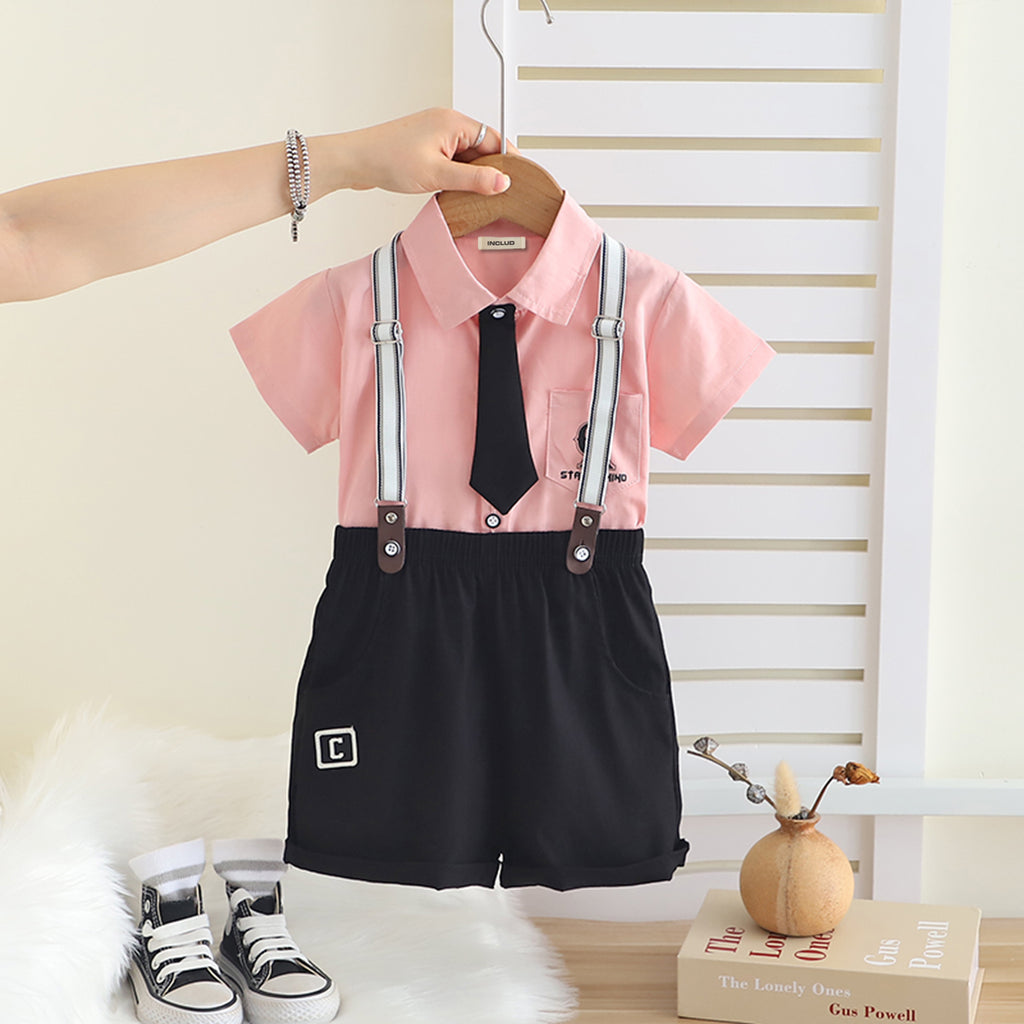 Boys Pink Short Sleeves Shirt With Neck tie And Suspenders Shorts Set Sets Pink 1-2 Y