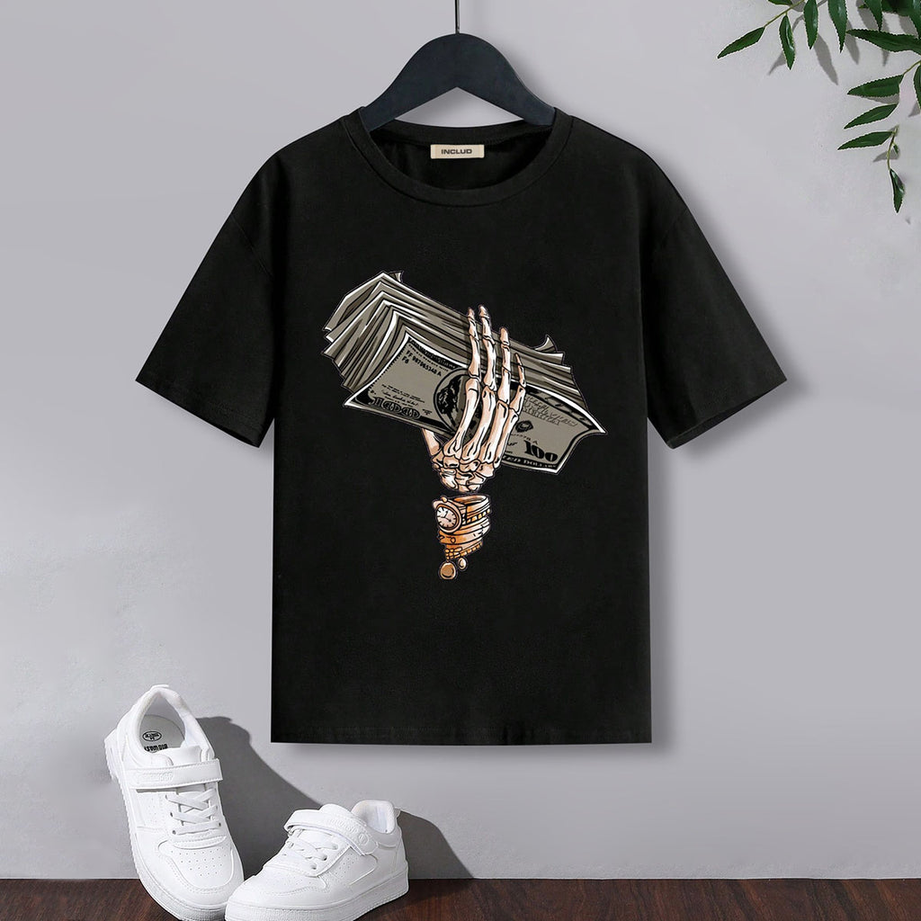 Boys Black Print Graphic Short Sleeves T-Shirt Tshirts Black 7-8 Y