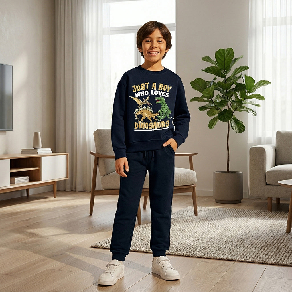 Boys Navy Blue Dinosaur Graphics Round Neck Sweatshirt With Joggers Sets 2 pc. Sets Navy Blue 1-2 Y