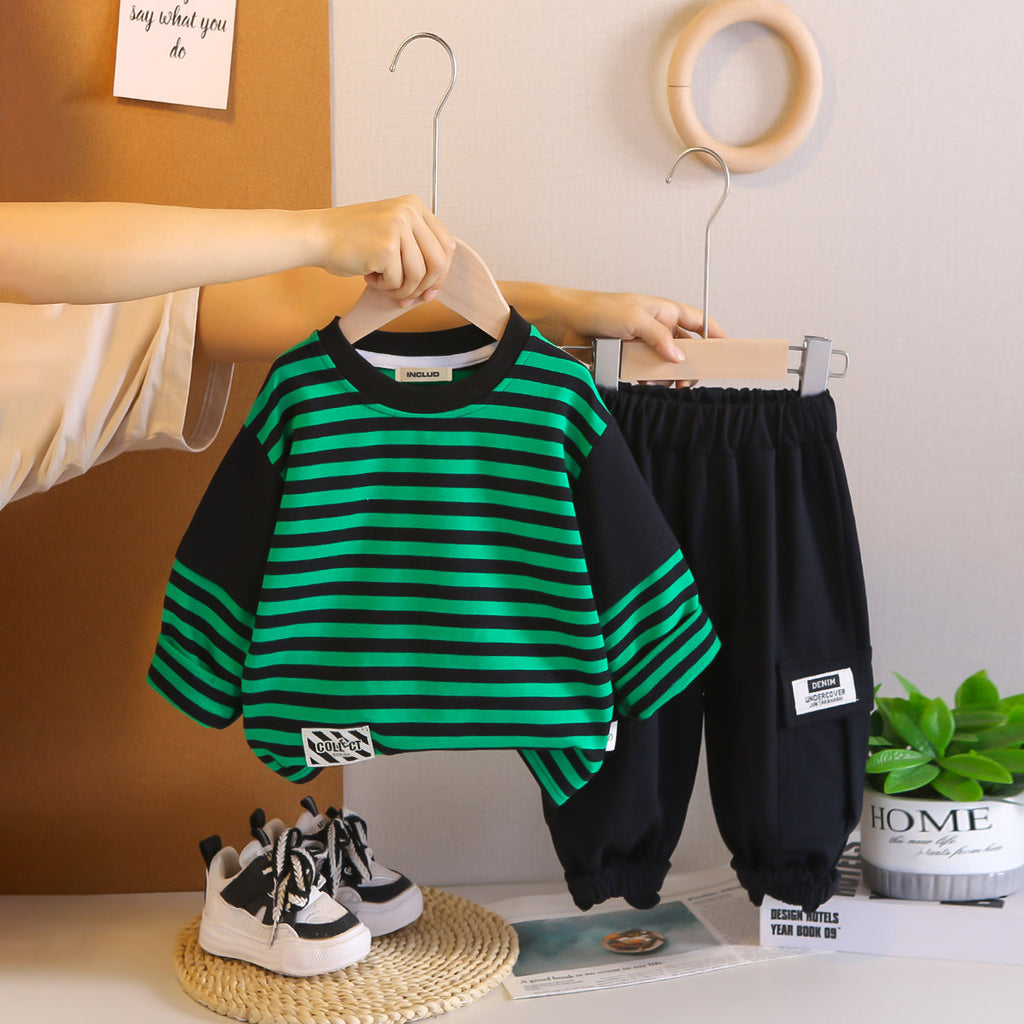 Boys Green Stripes T-Shirt With Joggers Set 2 pc. Sets Green 1-2 Y
