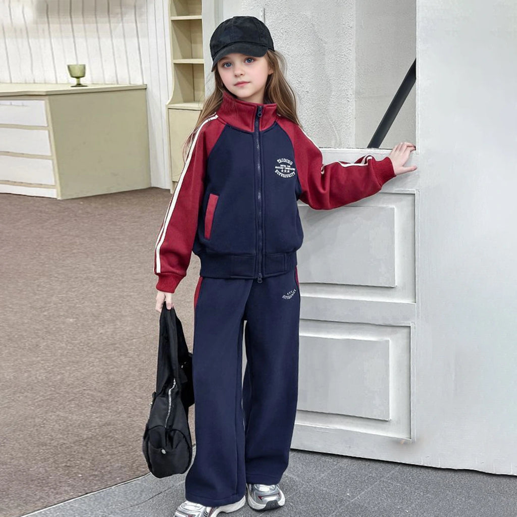 Girls Navy Blue Colorblocked Zip-up Jacket With Pants Sets Sets Navy Blue 5-6 Y