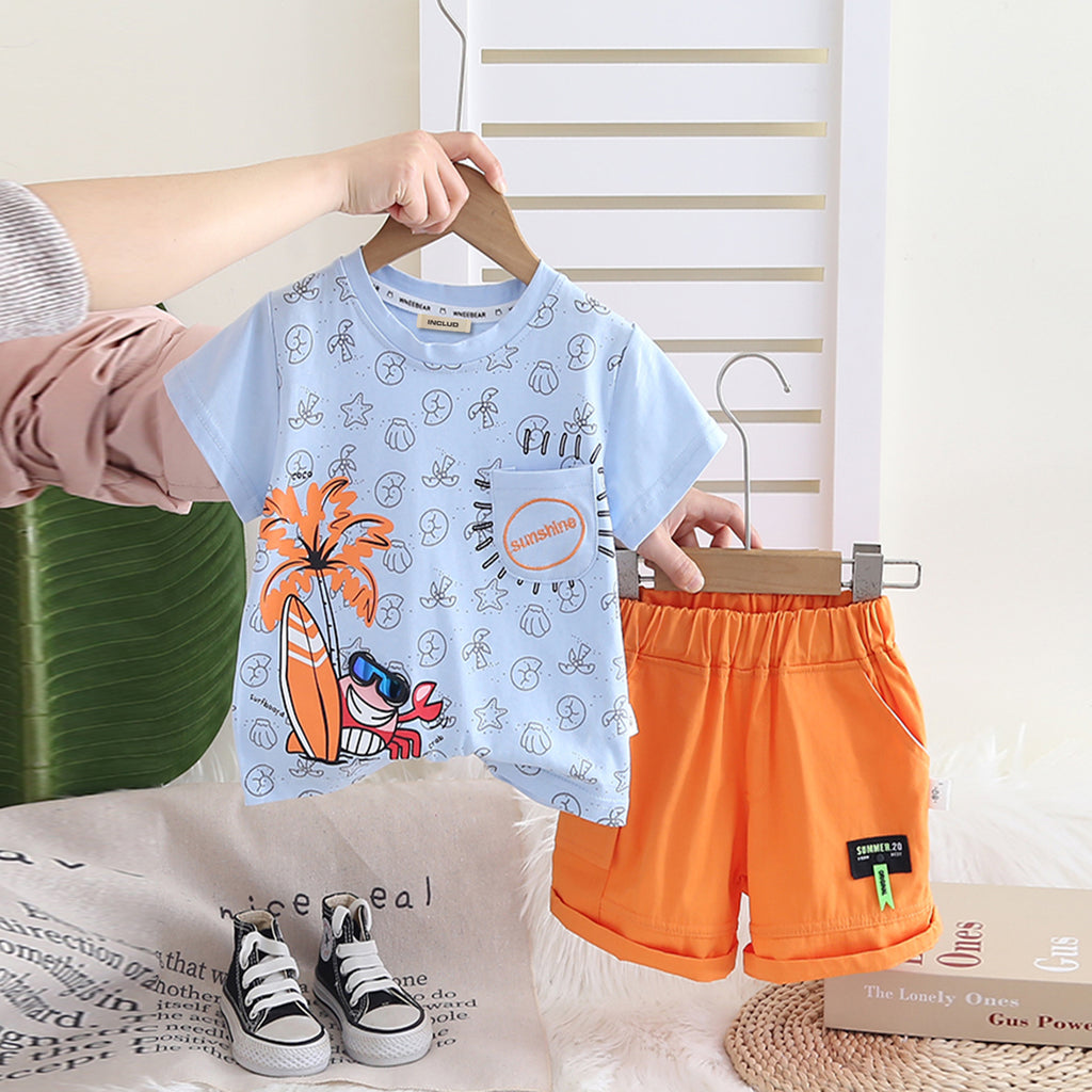 Boys Light Blue Tropical Printed T-Shirt With Shorts Set 2 pc. Sets Light Blue 1-2 Y