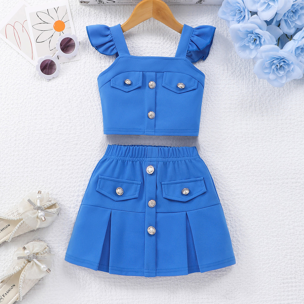 Girls Blue Sleeveless Top With Pleated Skirt Set 2 pc. Sets Blue 2-3 Y