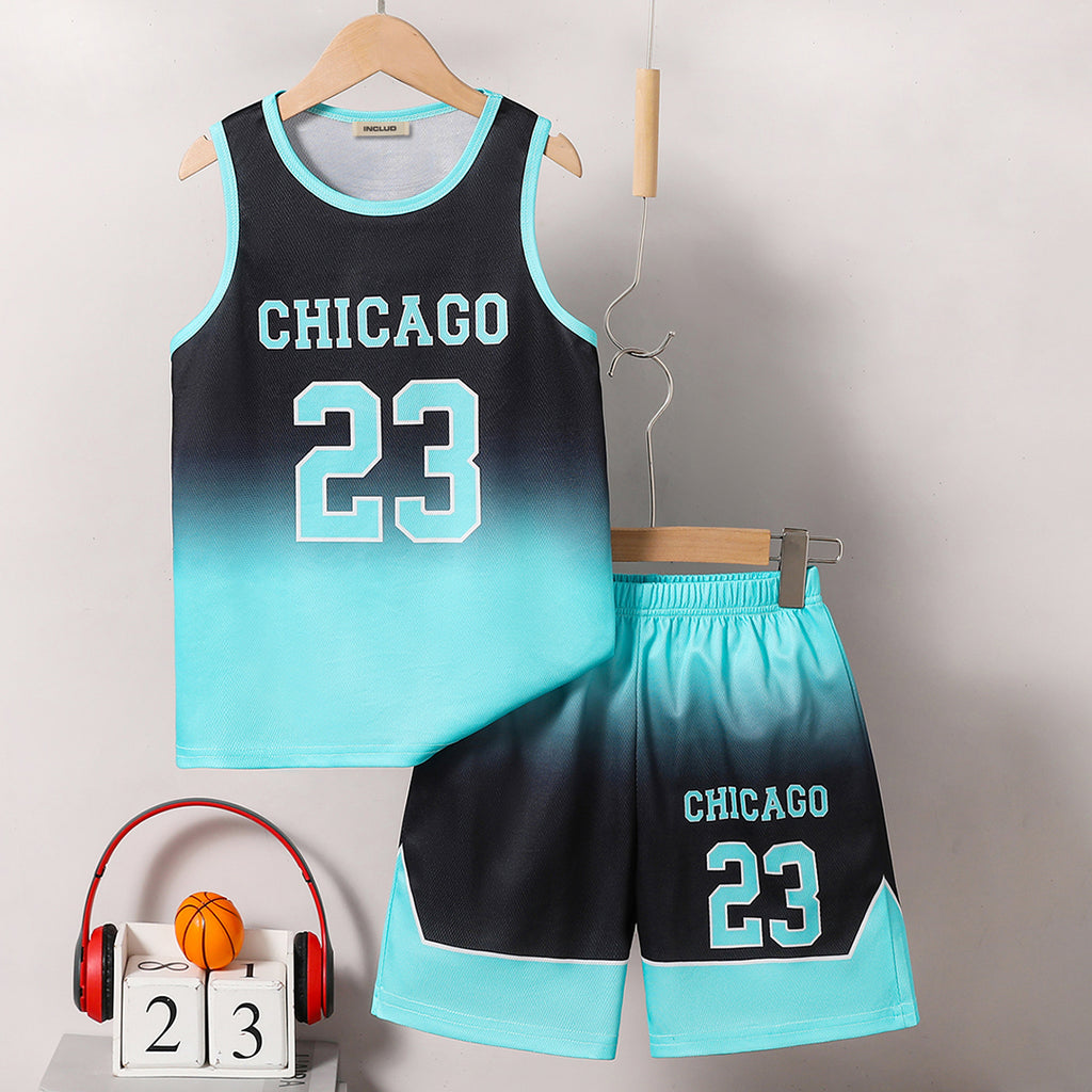 Boys Teal Chicago Print Sleeveless T-Shirt With Shorts Set 2 pc. Sets Teal 5-6 Y