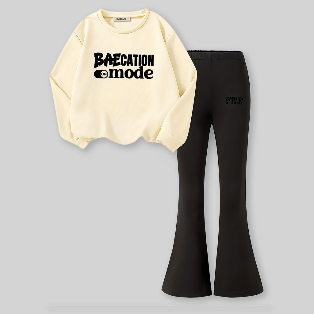 Girls Apricot Typographic Printed Sweatshirt With Flared Pants Sets 2 pc. Sets Apricot 7-8 Y