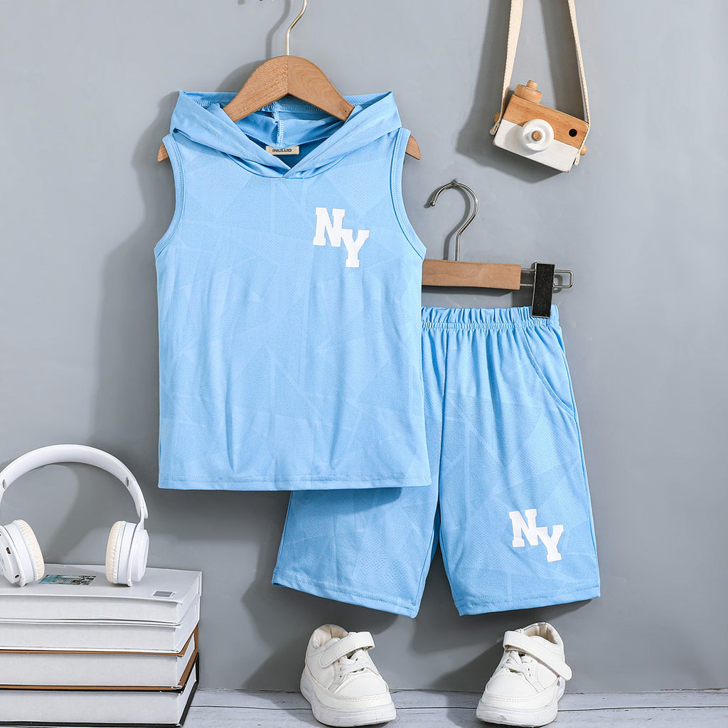 Boys Sky Blue Sleeveless Printed Hooded T-Shirt With Shorts Set 2 pc. Sets Sky Blue 3-4 Y